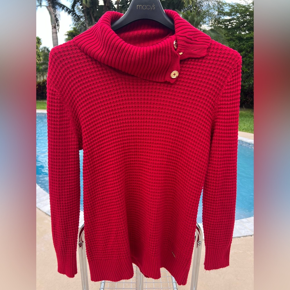 Calvin Klein Red Cowl Neck Sweater with Gold Accents